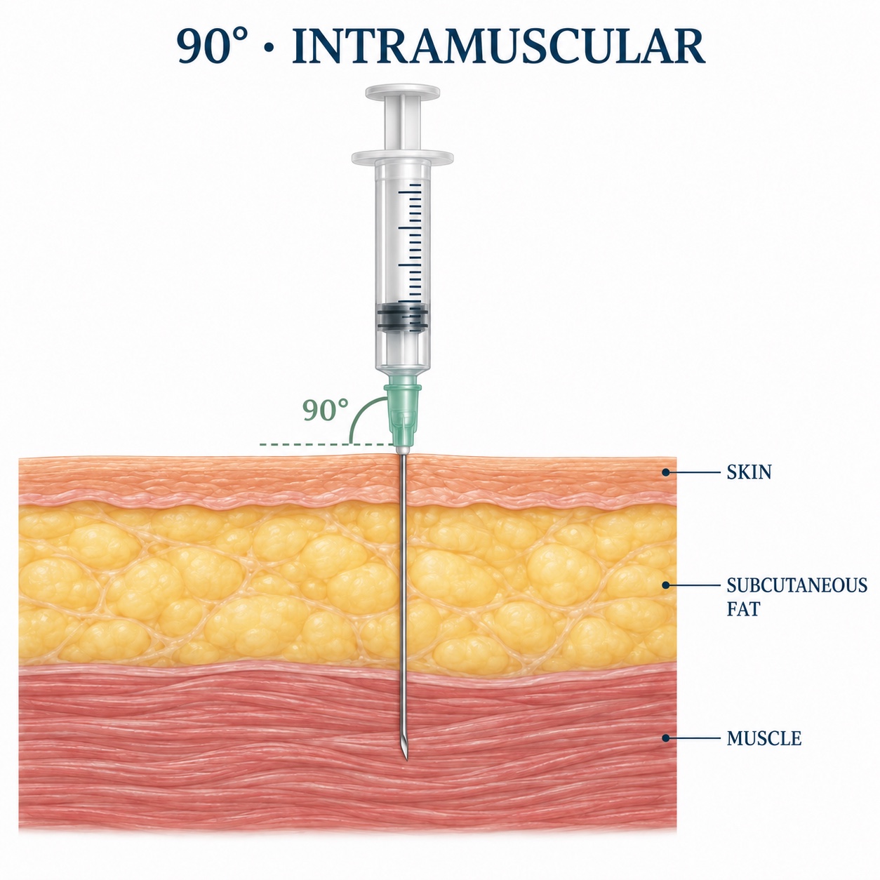 A 90 degree needle path through skin and fat into the muscle layer