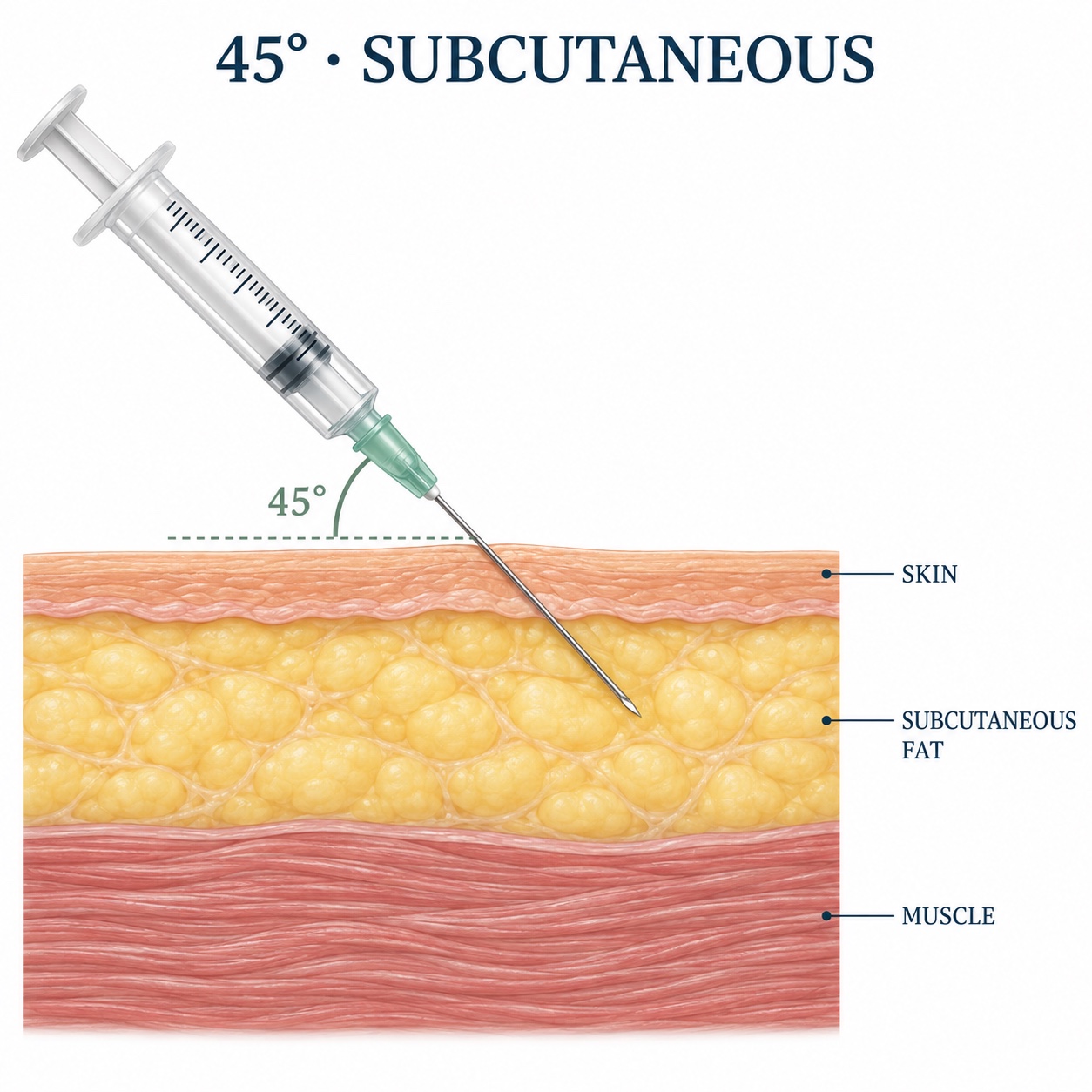 Medical cutaway showing a 45-degree needle ending in subcutaneous fat above muscle