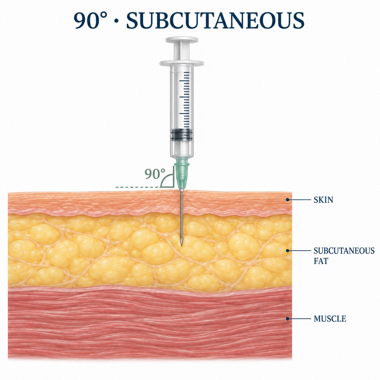 Medical cutaway showing a perpendicular SQ needle ending in fat above muscle