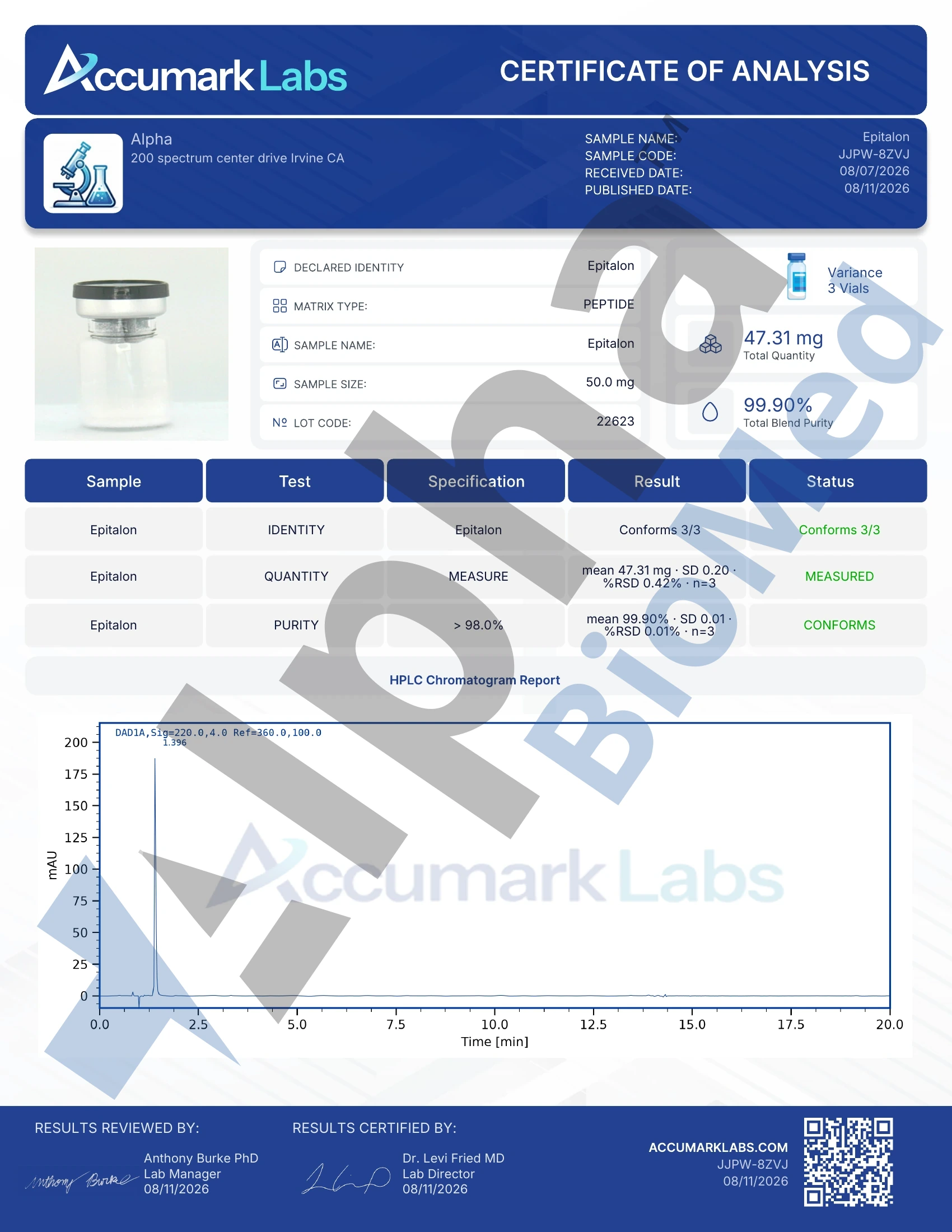 Original Epithalon (Epitalon) certificate preview