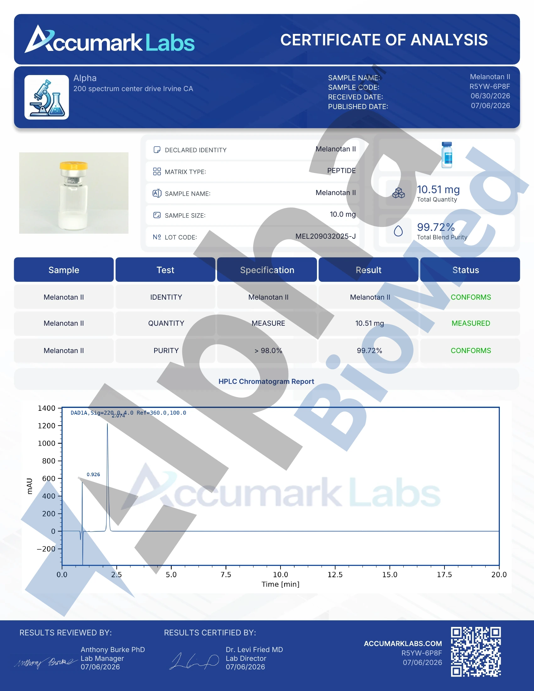Original Melanotan II certificate preview
